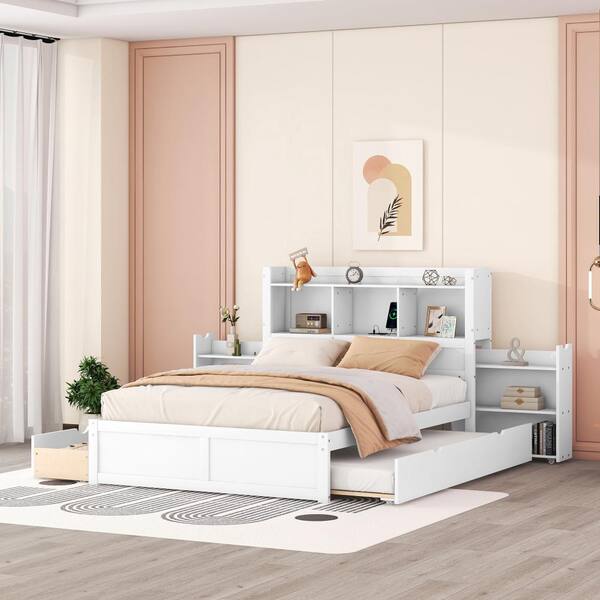 Qualler White Full Size Storage Platform Bed with Pull Out Shelves