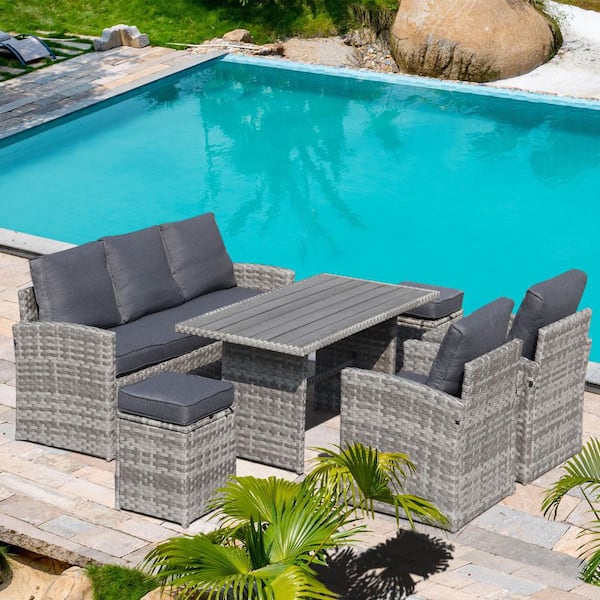 Tunearary 6-Piece Wicker Outdoor Sofa Sectional Set with Grey Cushion
