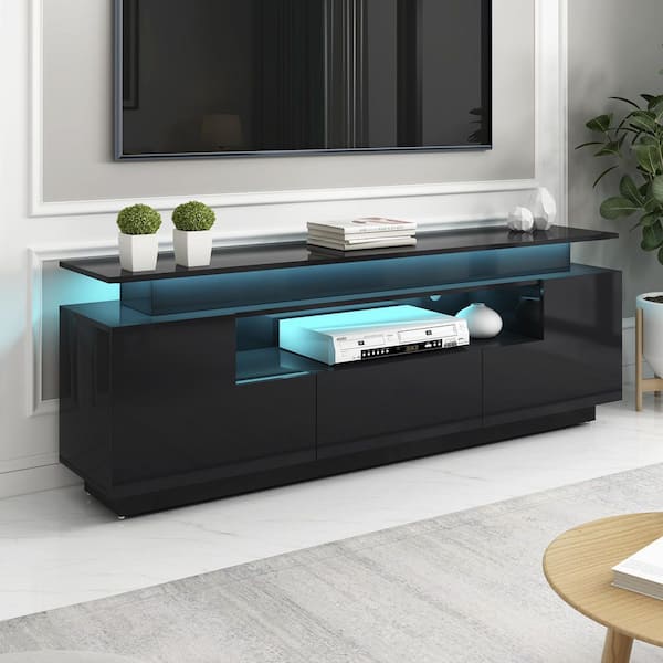 Harper & Bright Designs Stylish 67 in. Black TV Stand with Cabints, Drawer and Shelf Fits TV's up to 75 in. with Color Changing LED Lights