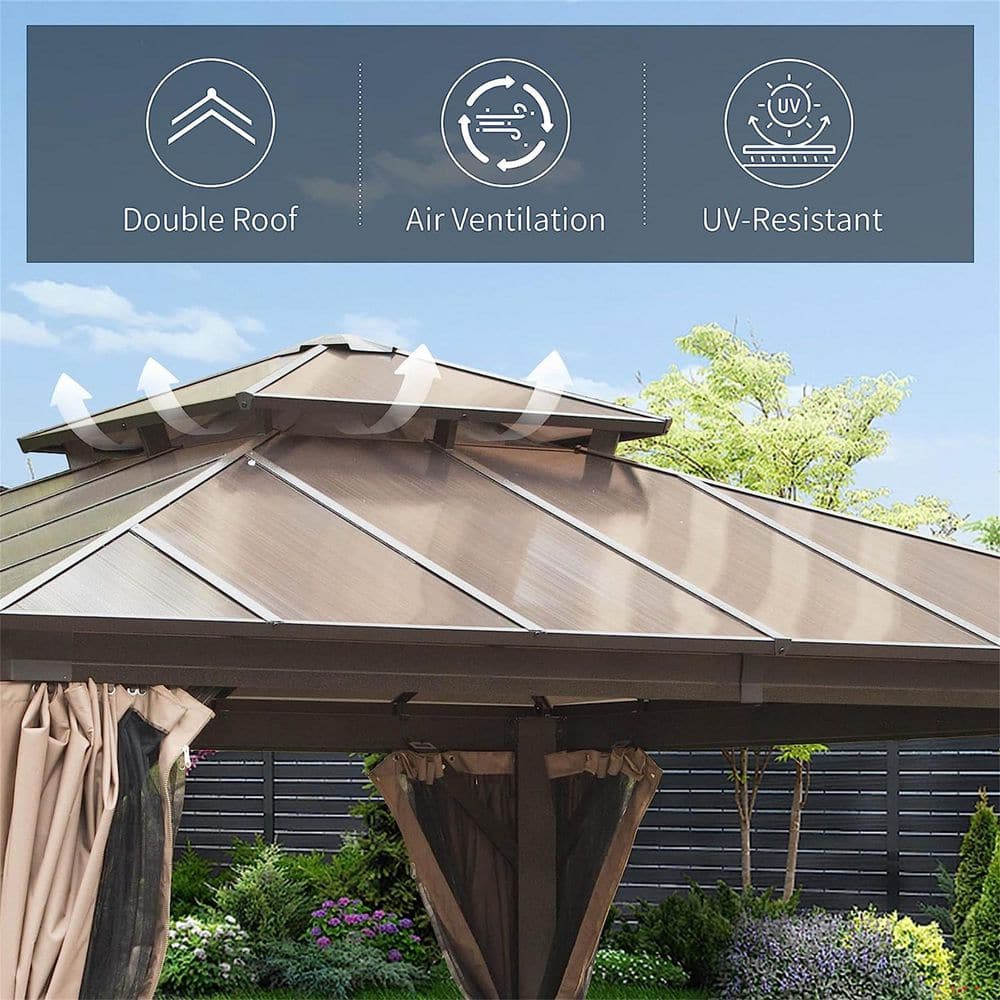 12'x12' Brown Aluminum Hardtop Patio Gazebo with Curtains