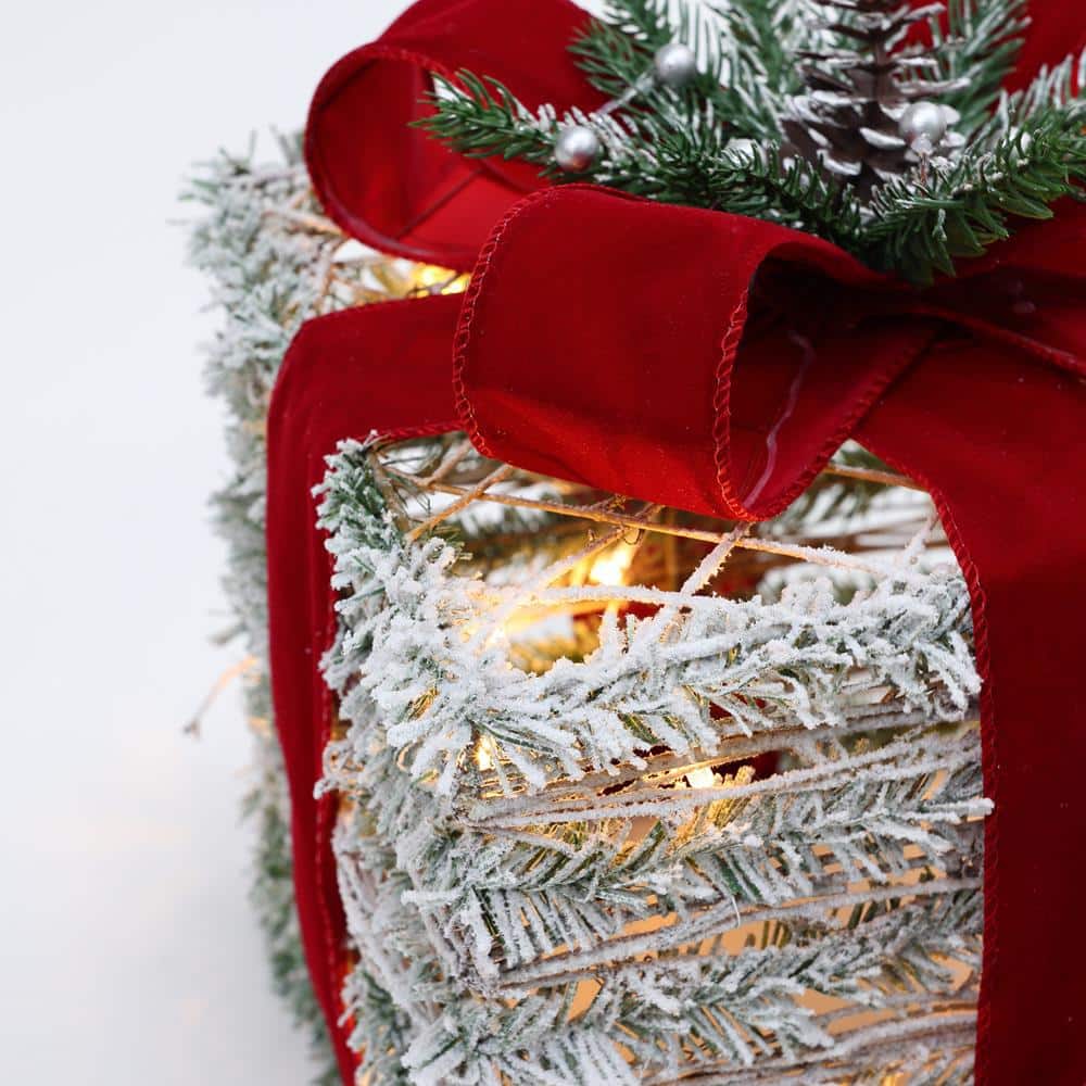 Frosted Faux Cedar Branch Giftbox Set with Lights
