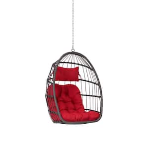 Modern Wicker Rattan Steel Porch Swing Outdoor Egg Hanging Chair with Red Cushion