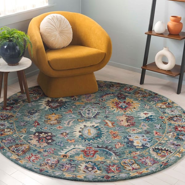 Blossom 6 ft. x 6 ft. Round Blue/Rust Abstract Border Floral Area Rug