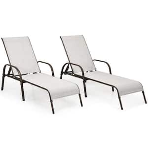 2-Piece Metal Patio Outdoor Chaise Lounge with Adjustable Reclining Armrest and Gray Fabric