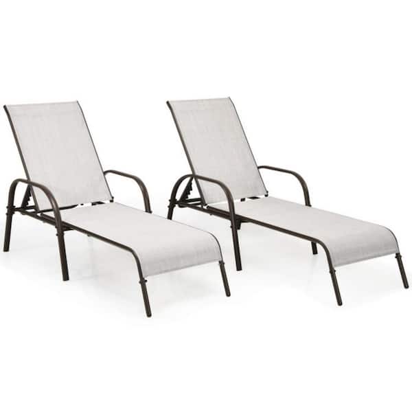 Clihome 2-Piece Metal Patio Outdoor Chaise Lounge with Adjustable Reclining Armrest and Gray Fabric