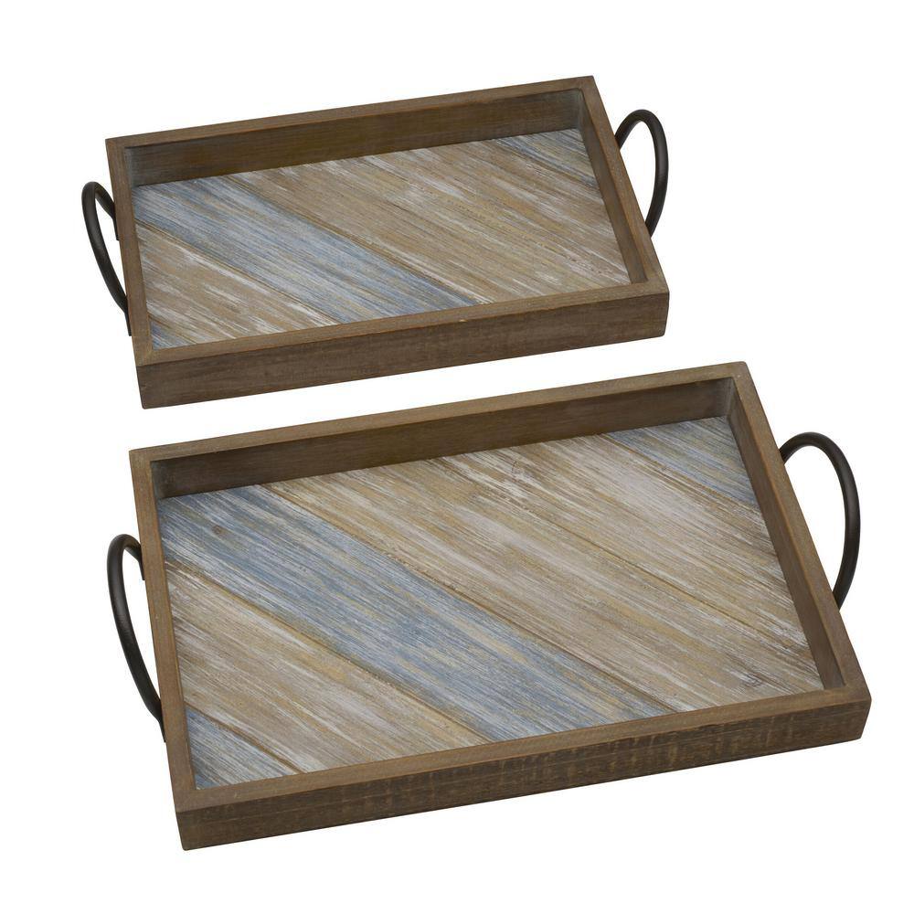 Multicolor Distressed Wood Decorative Trays with Metal Handles