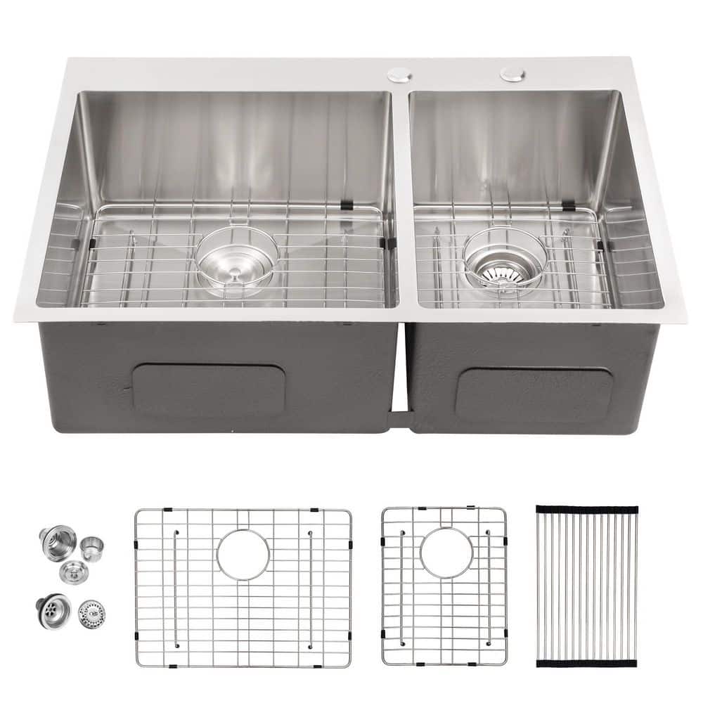 16-Gauge Stainless Steel 33 in. Double Bowl 60/40 Drop-In Kitchen Sink with Strainer and Bottom Grid price history on PriceWatchPro