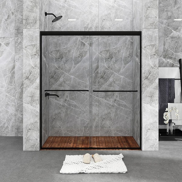 JimsMaison 54 in. W x 70 in. H Double Sliding Framed Shower Door in Matte Black Finish with Clear Glass
