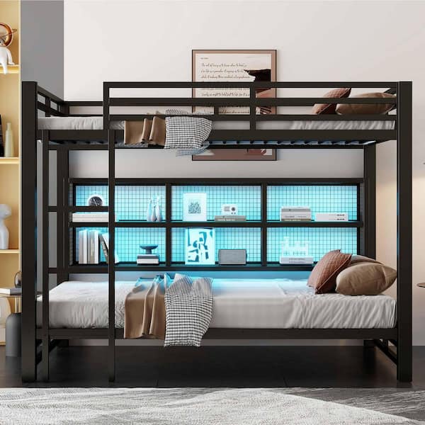 Black Queen Over Queen Bunk Bed with Storage Cabinets and LED