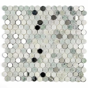 Mirage Penny Round Green 3 in. x 6 in. Marble and Glass Wall Mosaic Tile Tile Sample