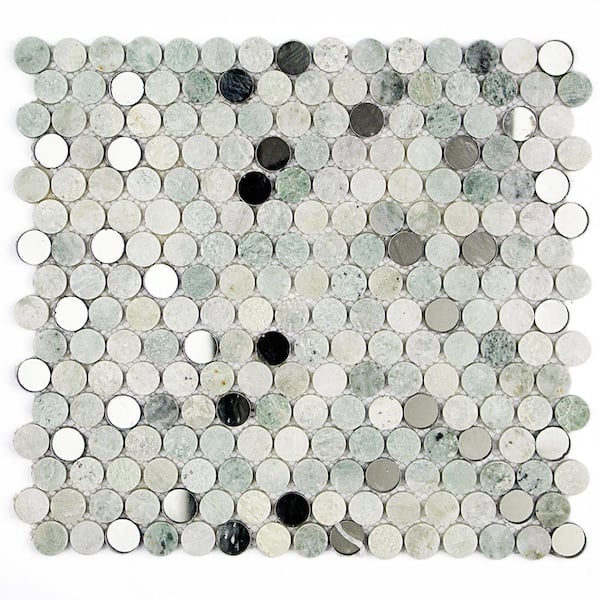 Ivy Hill Tile Mirage Penny Round Green 11.25 in. x 12.75 in. x 8 mm Marble and Glass Wall Mosaic Tile