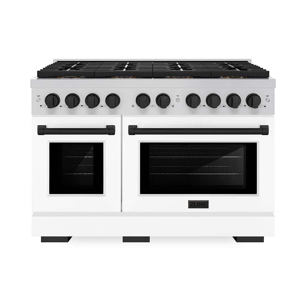 ZLINE Kitchen and Bath Autograph 48 in. 6.7 cu. ft. Paramount Gas Range with 8 Burners and Dual Ovens with White Matte Doors and Matte Black