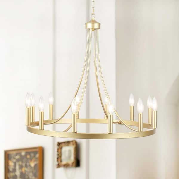 12-Light Gold Wagon Wheel Chandelier for Living Room Dinning Room with No Bulbs Included