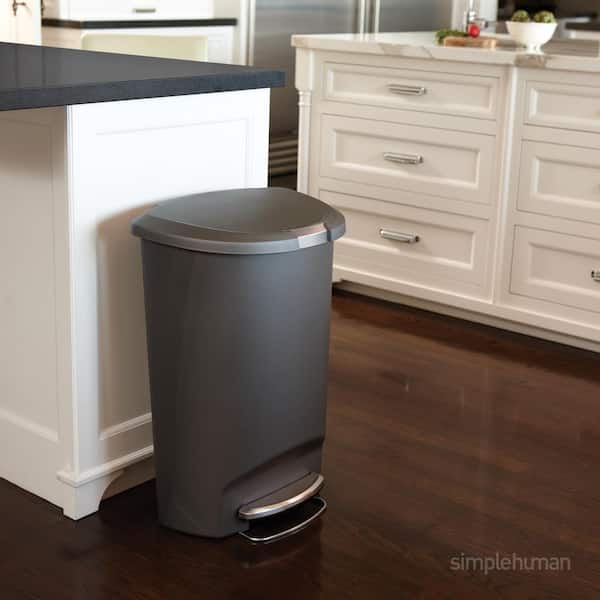 13 Gallon Semi-Round Step Kitchen Trash Can, Grey Plastic with Soft-Close Locking Lid