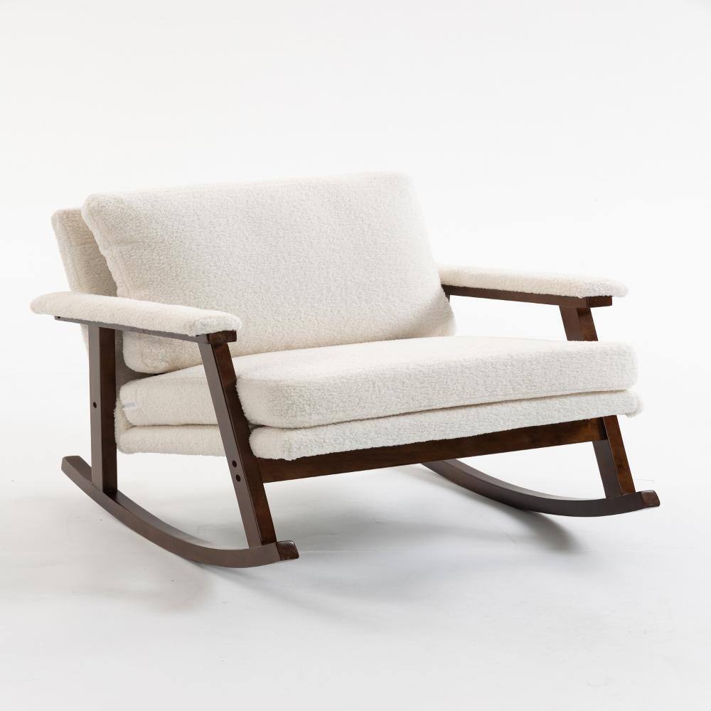 Mid-Century Modern Antique White Upholstered Rocking Chair with Wood Frame