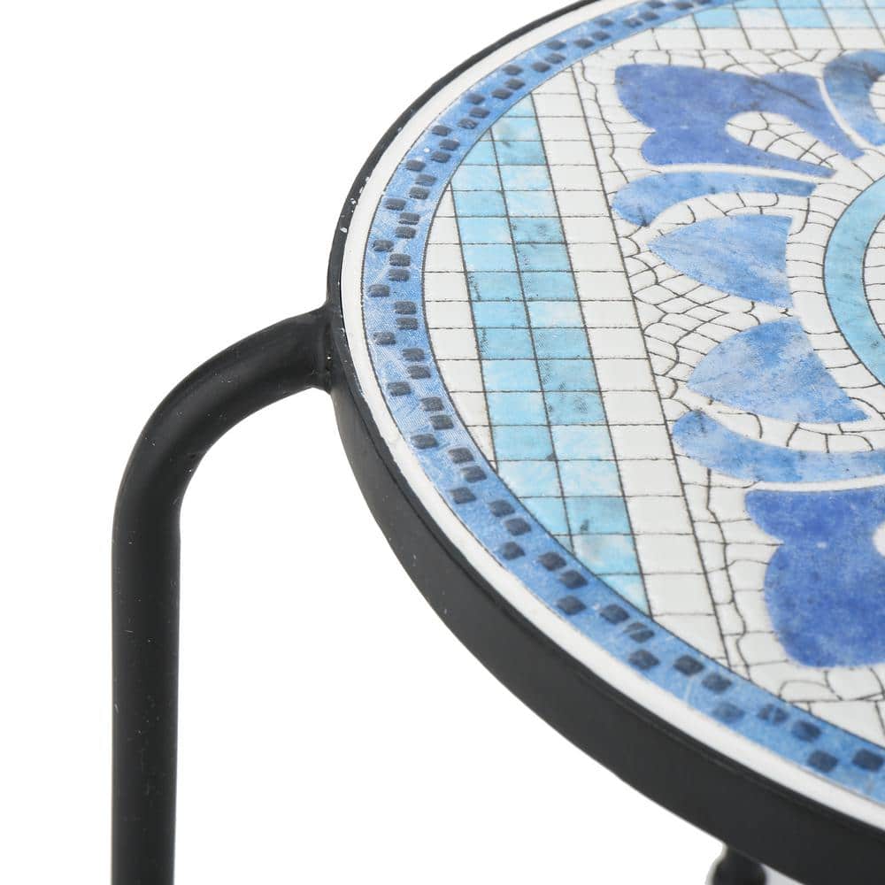Blue and White Ceramic Tile Outdoor Side Table with Black Iron Frame