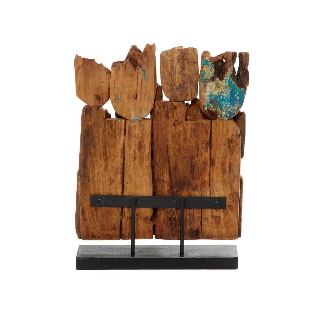 Brown Teak Wood Handmade Carved Abstract Sculpture with Faces