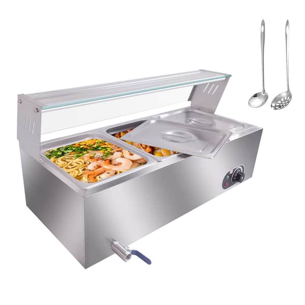 Garvee 36 Qt. 3-Crocks Commercial Food Warmer Buffet Server 1500-Watt Electric Steam Table in Stainless Steel with Glass Shield