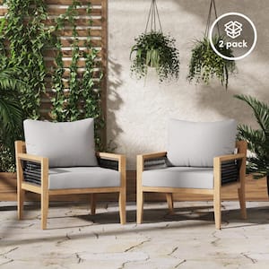 Freya Weathered Acacia Upholstered Patio Chair, Outdoor Lounge Chair with Solid Wood Frame with Gray Cushions, Set of 2