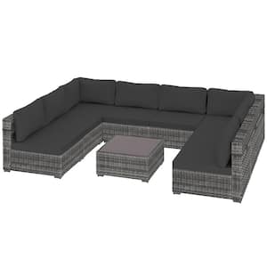 9-Piece Gray Wicker Patio Conversation Set with Dark Gray Cushions and Coffee Table