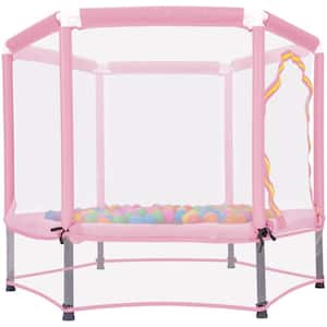 Ami 55 Inch Pink Toddlers Trampoline with Safety Enclosure Net and Ocean Balls, Indoor Outdoor Mini Trampoline for Kids