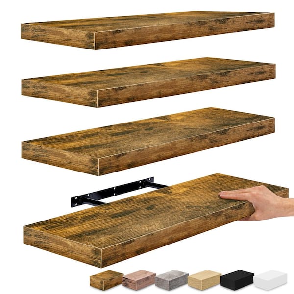 4-Pack Floating Shelves, 9 in. W x 24 in. D Walnut Brown Decorative Wall Shelves, Farmhouse Style Home Decor