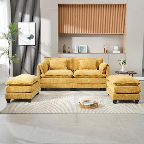 76 in. Straight Arm 4-Piece Modular Chenille 2-Seater Sectional Sofa in Yellow with 2-Removable Ottomans and Side Pocket