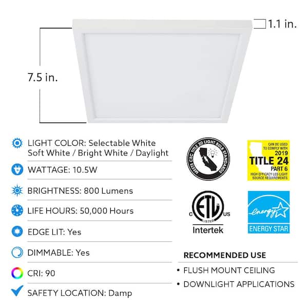 Feit Electric 7.5 Title 24 Dimmable White Integrated LED Square Flat Panel Ceiling Flush Mount with Color Change CCT 74208/CA/V2 - The Depot