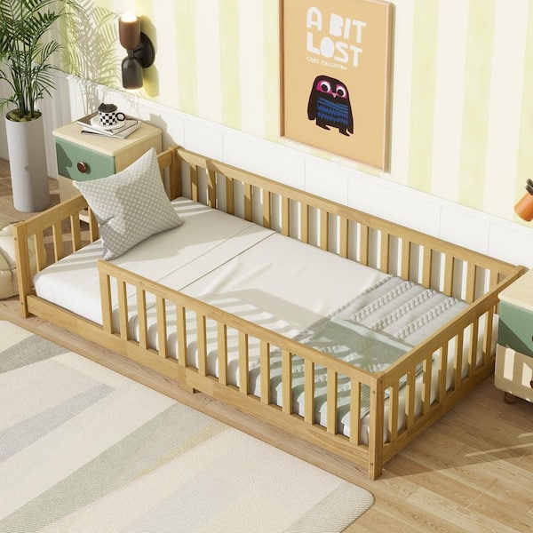 Natural Yellow Rubber Wood Frame Twin Size Platform Bed with Safety Guardrails