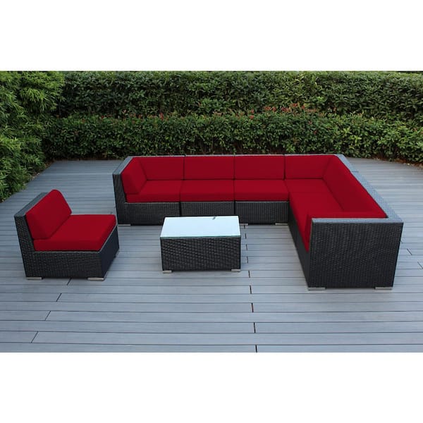 Ohana Depot Ohana Black 8-Piece Wicker Patio Seating Set with Supercrylic Red Cushions