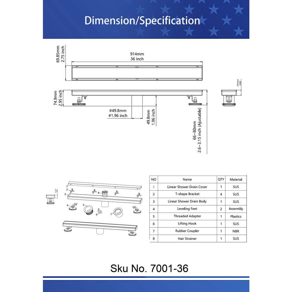 36-inch Brushed Nickel Stainless Steel Linear Shower Drain