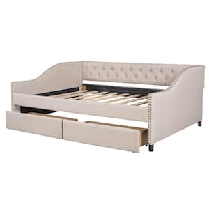 Beige Full Size Upholstered Daybed with 2-Drawers