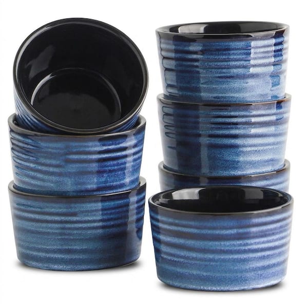6 Piece Round Ceramic Ramekins Set Oven Safe Porcelain Souffle Dishes for Baking Custard Creme Brulee Dip Blue