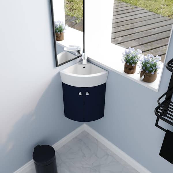 12.8 in Single Bowl Corner Wall Mounted Bath Vanity in Blue with Ceramic Sink in White with Overflow