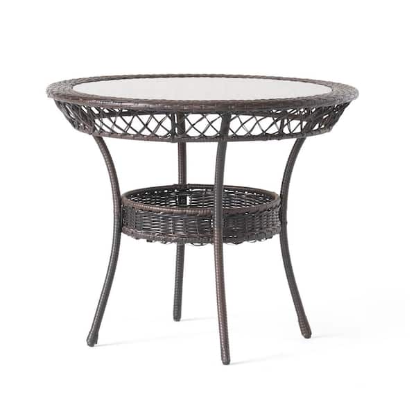 Zeus & Ruta Brown Multi PE Wicker Iron Outdoor Dining Table, Glass Table
