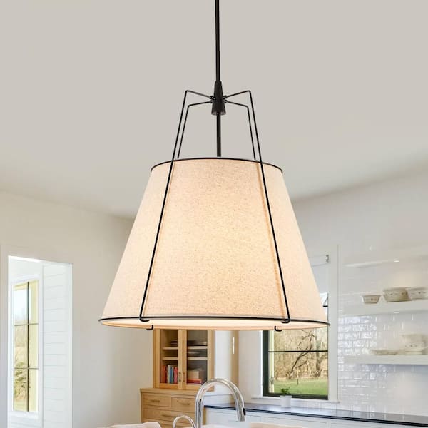 Haven Modern Farmhouse 23.6.W 4-Light Matte Black Frame Pendant Light with Beige Fabric Shade for Hallway or Kitchen