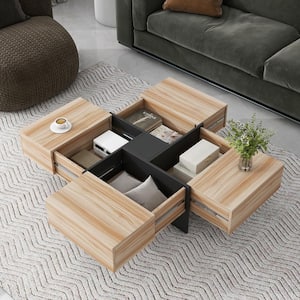31.5 in. Brown Square Wood Coffee Table with 4 Hidden Storage Compartments, Extendable Sliding UV High-Gloss Tabletop