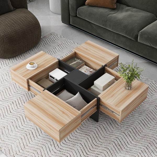 Harper & Bright Designs 31.5 in. Brown Square Wood Coffee Table with 4 Hidden Storage Compartments, Extendable Sliding UV High-Gloss Tabletop