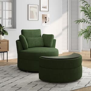 Green Chenille Upholstered Swivel Accent Barrel Chair with Storage Ottoman and Pillows (Set of 1)