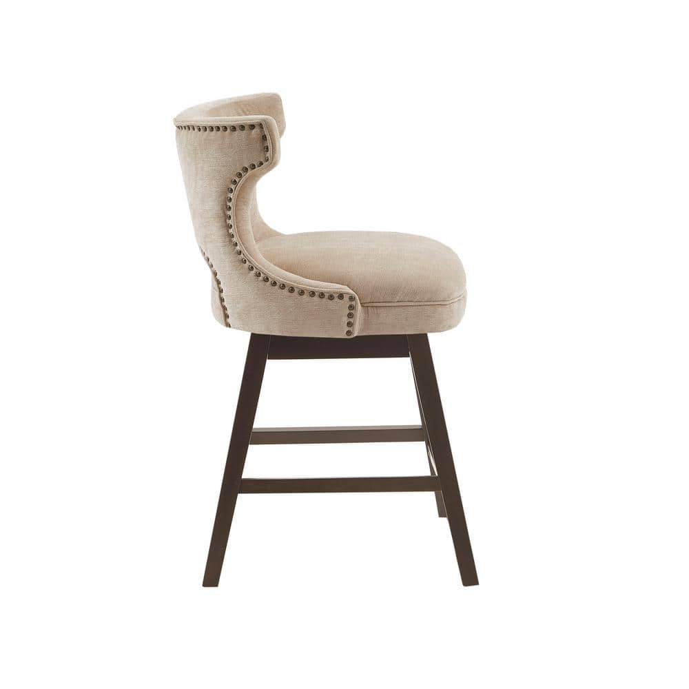 Elegant Beige Fabric and Dark Coffee Wood Swivel Counter Stool