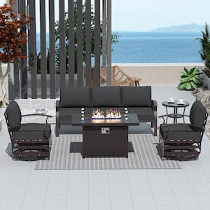5-Piece Aluminum Patio Fire Pit Sectional Seating Set with armrest,Swivel Rocking Chairs,coffee table and Black Cushions