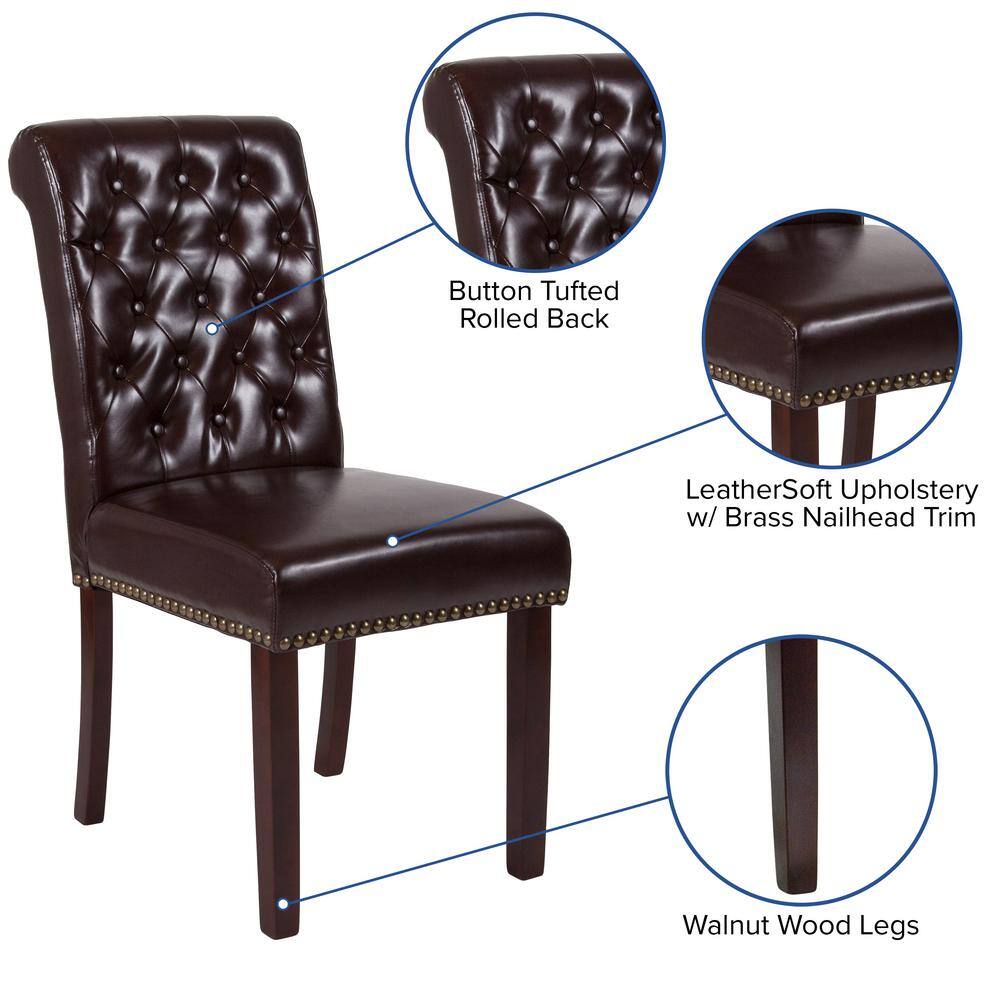 Brown Leather Parsons Side Chair with Walnut Finish