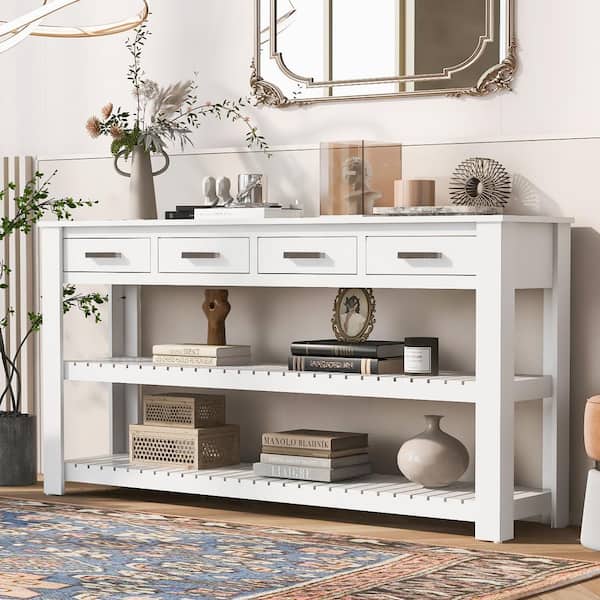Harper & Bright Designs 62.2 in. White Rectangle MDF Stylish Entryway Console Table with 4 Drawers and 2 Shelves