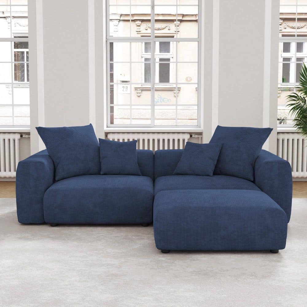 102.36 in Wide Square Arm Corduroy Modular Sectional Deep Seat with Removable Covers and Ottoman Sofa in Blue