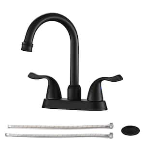 4 in. Centerset Double Handle Deck Mount High Arc Bathroom Faucet and Pop Up Drain in Matte Black
