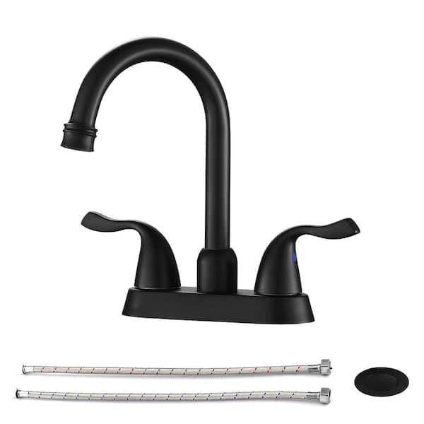 Lukvuzo 4 in. Centerset Double Handle Deck Mount High Arc Bathroom Faucet and Pop Up Drain in Matte Black