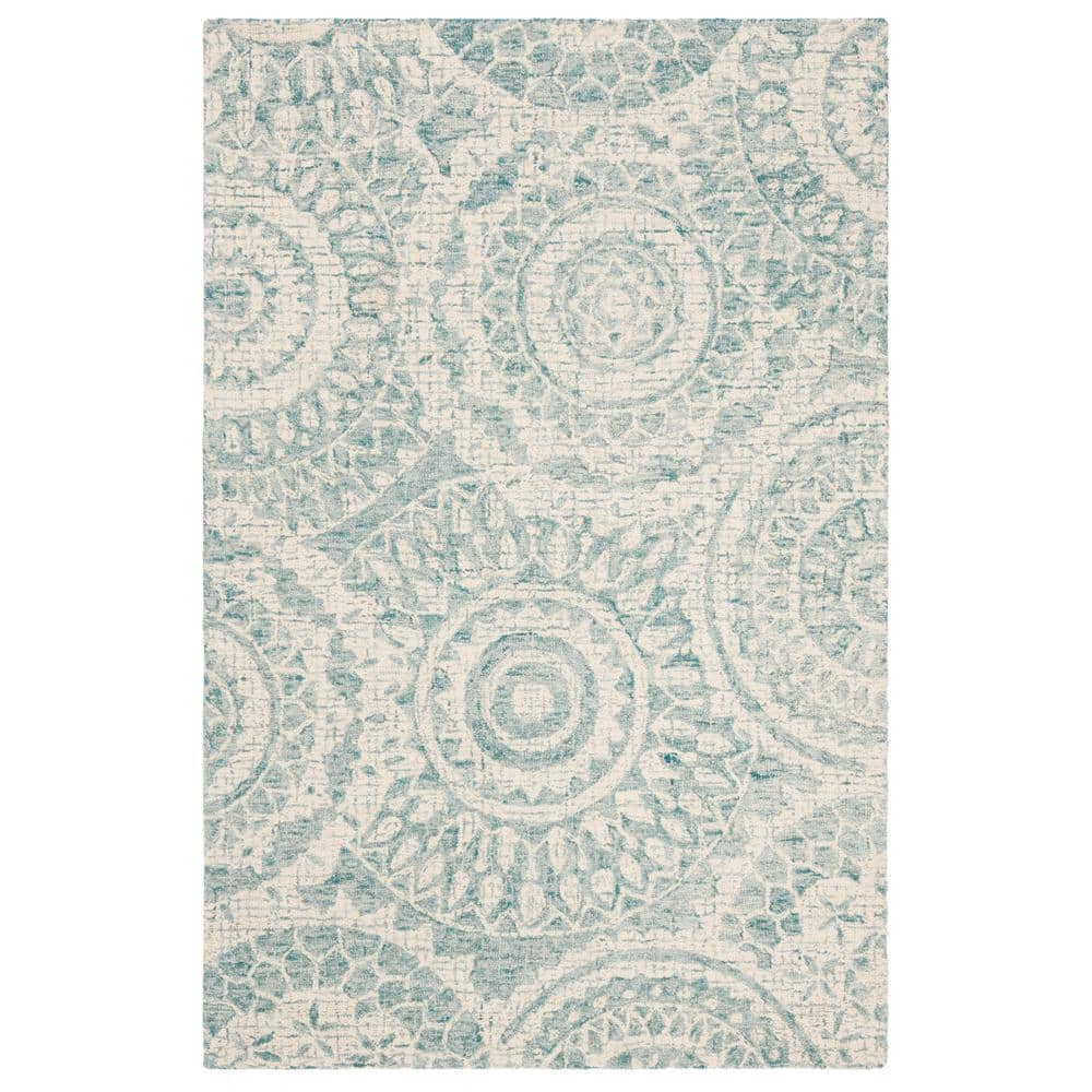 Ivory and Blue Handmade Wool Abstract Tufted Rug, 2' x 3'
