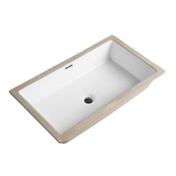 28 in. Rectangular Undermount Bathroom Sink, White Ceramic Vanity Sink with Overflow, Easy Undercounter Installation