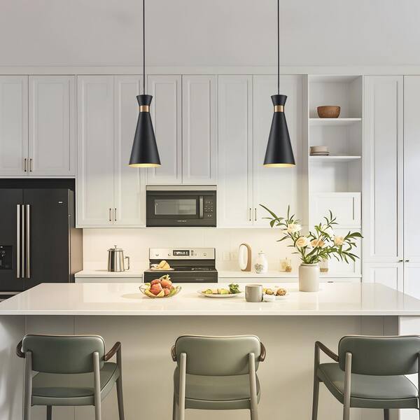 TinHon Modern 1-Light Black Cone Pendant Light with Gold Accent