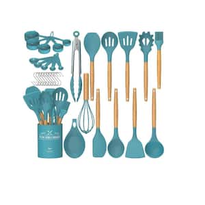 33-Piece Silicon Cooking Utensils Set with Wooden Handles and Holder for Non-Stick Cookware, Blue
